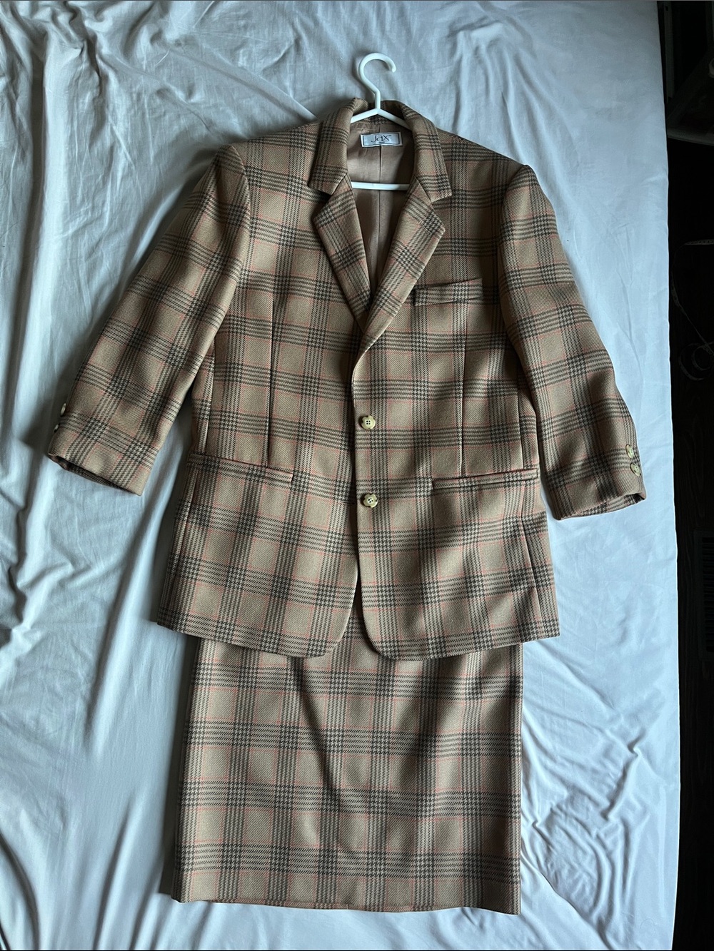 Vintage Brown Wool Plaid Suit Jacket & Skirt Set